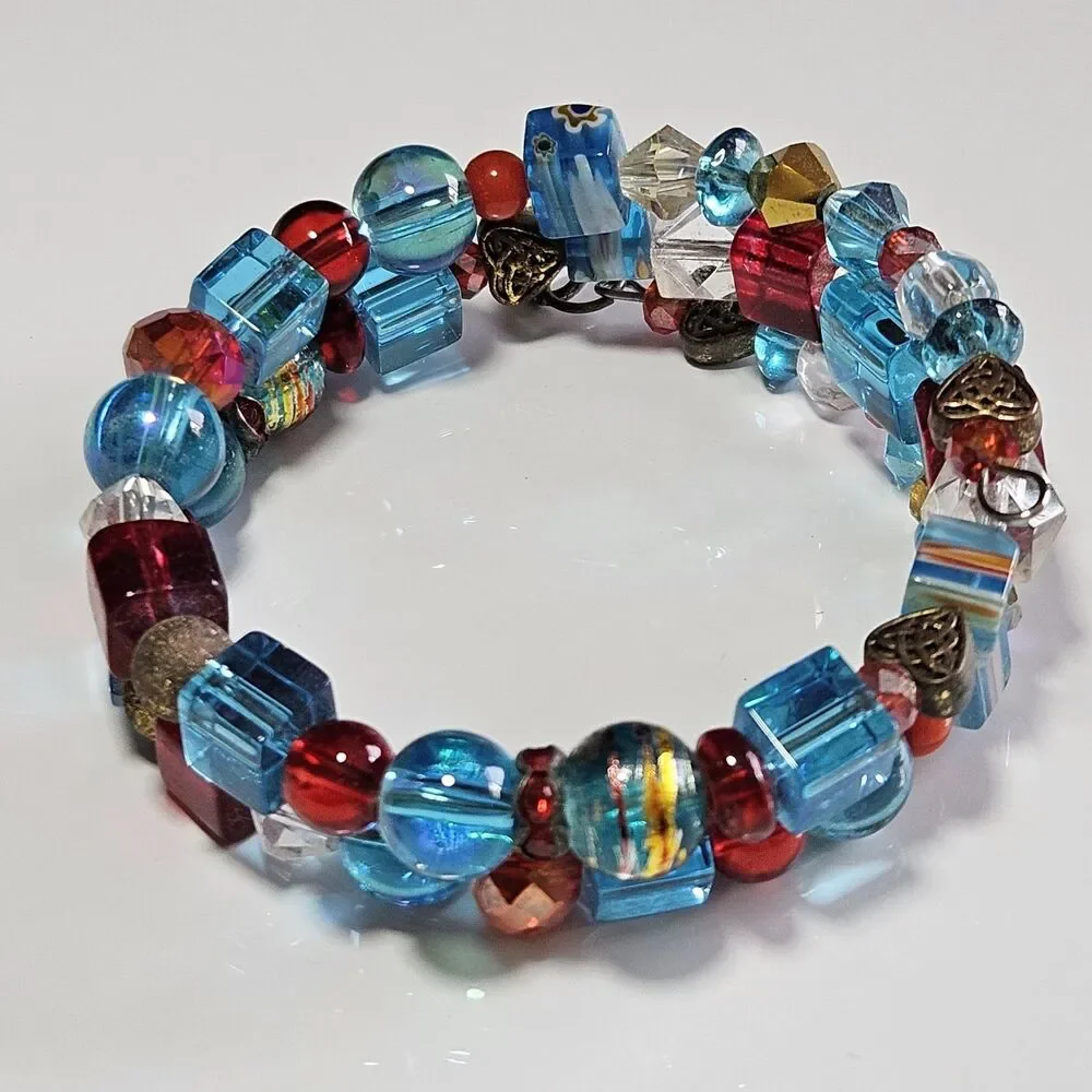Blue Red Gold Tone Glass Beaded Wrap Bracelet